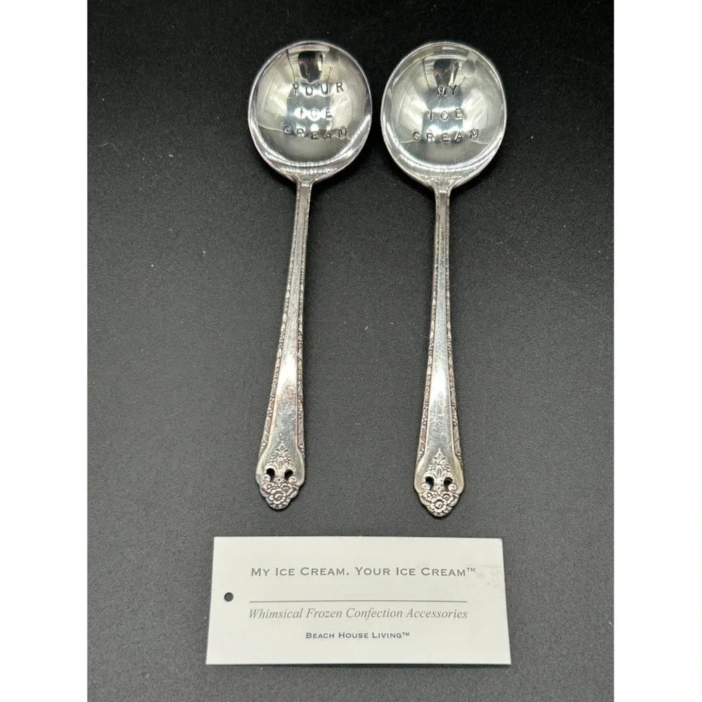 Beach House Living Hand Stamped‎ Silverplate Ice Cream Spoons  2 Vintage Style